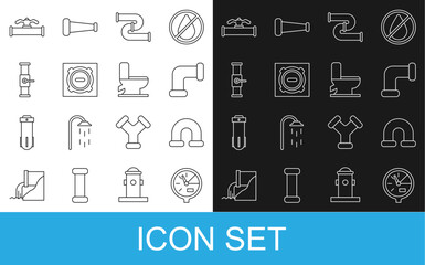 Fototapeta premium Set line Water meter, Industry metallic pipe, Manhole sewer cover, and valve, and Toilet bowl icon. Vector