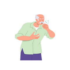 Elderly man cartoon character sneezing in hand fist looking sick having problem with health
