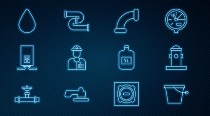 Set line Bucket, Fire hydrant, Industry metallic pipe, Plumber, Gas boiler with burning fire, Water drop, Big bottle clean water and icon. Vector