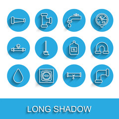 Set line Water drop, Manhole sewer cover, Industry metallic pipe, Broken with leaking water, Mop, and Big bottle clean icon. Vector