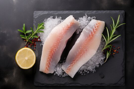 Sumptuous haddock fillet with freshly squeezed lemon and herbs, served on a black slate tray - AI Generative