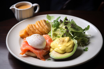 Benedict egg on white bun with red fish, created with Generative AI Technology