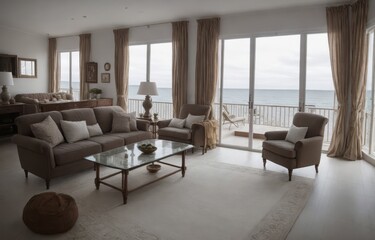 Fototapeta na wymiar Discover the Luxury of an Oceanfront Villa in Hollywood's Country House Living Room generative ai