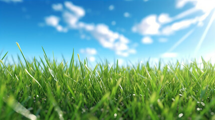 Fototapeta premium Illustration close up of a lush green grass lawn field against a blue summer’s sky. A.I. generated.