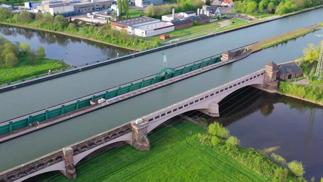 Aerial view of Minden Water Bridge over Weser River, Mittellandkanal, Minden, Germany. High quality 4k footage