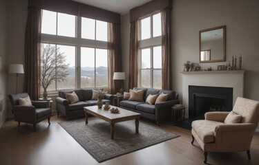 Fototapeta na wymiar The Grandeur of a Festive Traditional Living Room with Stuing Views through Large Windows generative ai