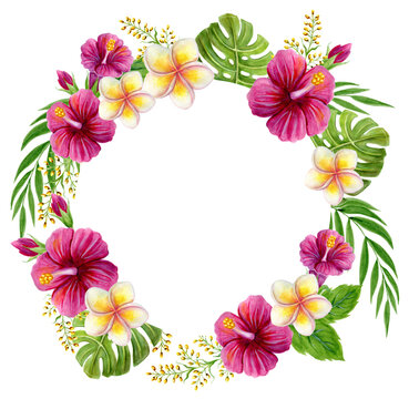 Tropical round frame. Hand drawn watercolor painting with Hibiscus rose flowers and palm leave isolated on white background. Floral summer border.