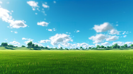 Obraz na płótnie Canvas 3D illustration of lush green grass parkland and tress against a blue summer’s sky. A.I. generated.