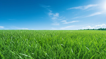 Fototapeta premium Illustration close up of a lush green grass lawn field against a blue summer’s sky. A.I. generated.