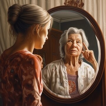 This Painting Captures The Reflections Of Time In Each Woman's Face. An Older Woman In The Mirror, While A Younger Woman Looks In, Both Rich With Wisdom And Experience - AI Generative