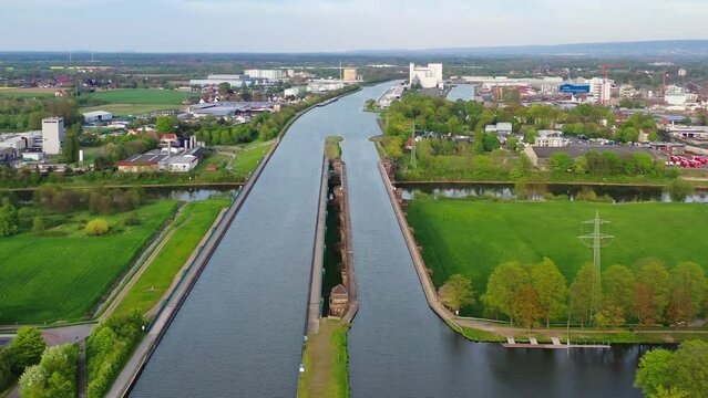 Aerial view of Minden Water Bridge over Weser River, Mittellandkanal, Minden, Germany. High quality 4k footage