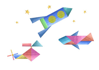 Set of spacecraft, helicopter and airplane from wooden colored bricks isolated on transparent background. Watercolor illustration for the design of postcard, greetings, birthday and baby show cards
