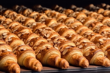 a lot of fresh croissants with almonds on the table, close-up, created with Generative AI Technology