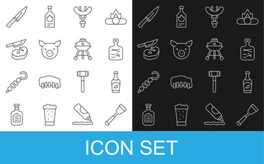 Set line Spatula, Ketchup bottle, Cutting board, Sausage on the fork, Pig, Steak meat and knife, Meat chopper and Barbecue grill icon. Vector