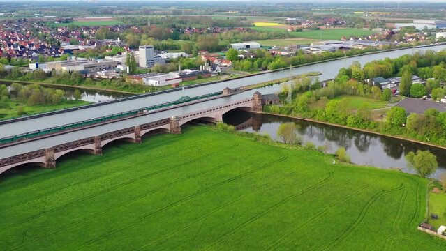 Aerial view of Minden Water Bridge over Weser River, Mittellandkanal, Minden, Germany. High quality 4k footage