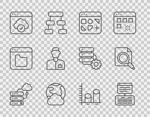 Set line Network cloud connection, Server, Data, Web Hosting, Different files, Social network, Cloud technology data transfer, Analyst engineer, analysis and Search concept with folder icon. Vector