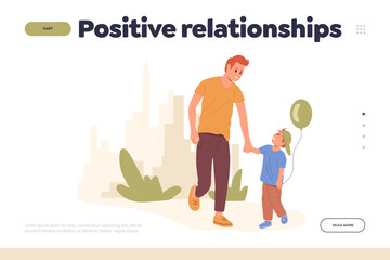 Positive relationships landing page template with happy father walking with little son on street