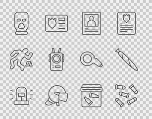 Set line Flasher siren, Bullet, Wanted poster, Police helmet, Balaclava, body camera, Evidence bag with bullet and Marijuana joint icon. Vector