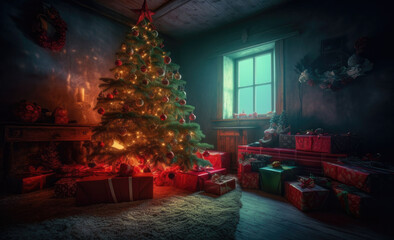Interior christmas. Christmas room, fireplace with fire and Christmas tree with decorations in dark. Decorated Christmas Tree  inside living Room. Copyspace. Generative AI