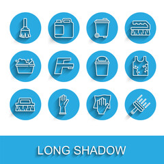 Set line Brush for cleaning, Rubber gloves, Feather broom, Cleaning service, cleaner windows, Water tap, Dirty t-shirt and Trash can icon. Vector