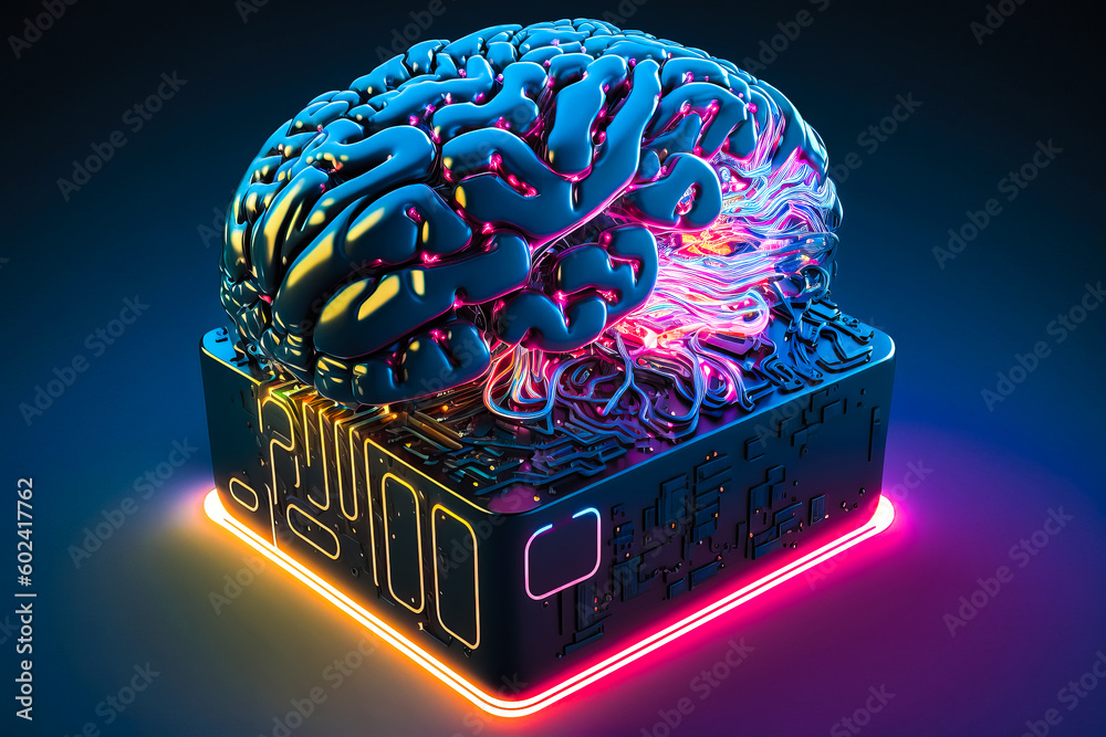 Poster ai chipset with human brain on computer circuit board. artificial intelligence, data mining, and dee