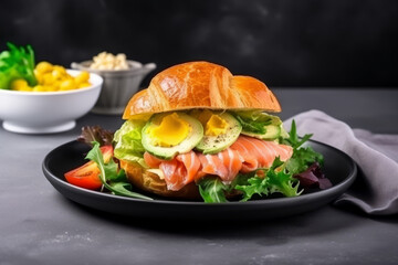 fresh croissant sandwich with salmon, avocado and salad, created with Generative AI Technology