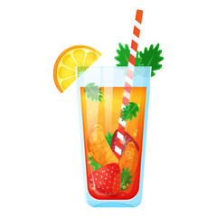 Summer refreshing lemonade with berries in glass jar. Cocktail with strawberries, lemon, orange. Vector illustration isolated on white.