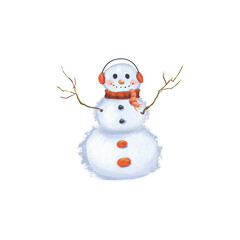 Illustration bonne homme de neige avec un casque rouge, carotte nez, bras en branche