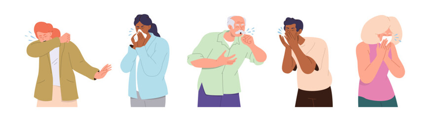 Set of cartoon sick people characters sneezing suffering from running nose and viral flu disease