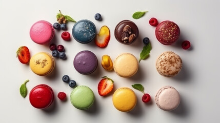 background from traditional french colorful macarons in a rows, created with Generative AI Technology