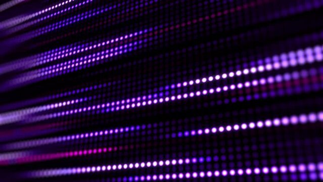 Grid of purple glowing pixel dots. Effect of movement festive illumination lines. Blurred electronic display background. Looped animation graphics.