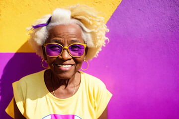 Portrait of an elderly african woman with blonde hair and sunglasses on abstract colorful painted wall background, summer vibrancy. Generative AI.