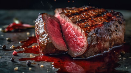 Healthy lean grilled medium-rare beef steak in cut. Gourmet food. Delicious food. Generative AI