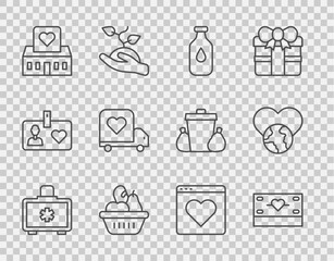 Set line First aid kit, Donation and charity, Bottle of water, food box, Volunteer center, Delivery truck with heart, Dating app online and The world - love icon. Vector