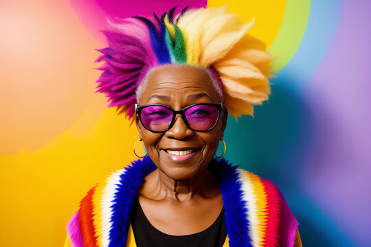 Portrait of an elderly african woman with bright colored hair and sunglasses on the background of an abstract painting, summer brightness. Generative AI.