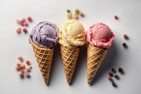 three colored ice cream balls in cones lying on a white table, created with Generative AI Technology