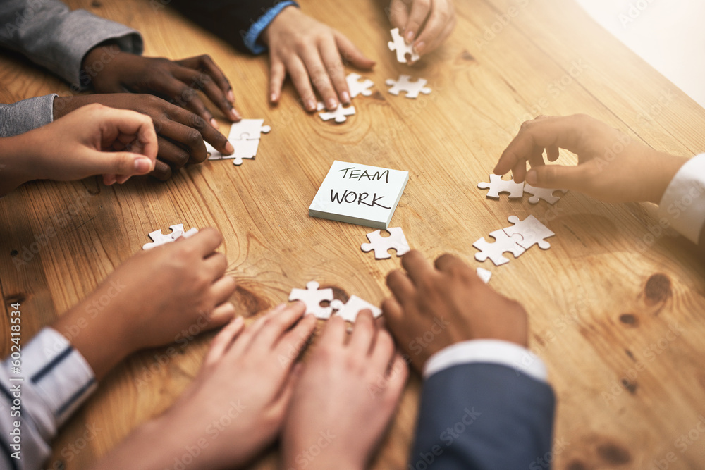 Poster teamwork, puzzle and hands of business people in collaboration in a meeting together planning strate