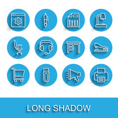 Set line Shopping cart, USB flash drive, Browser setting, Megaphone, Printer, Headphones, Stapler and Office desk icon. Vector