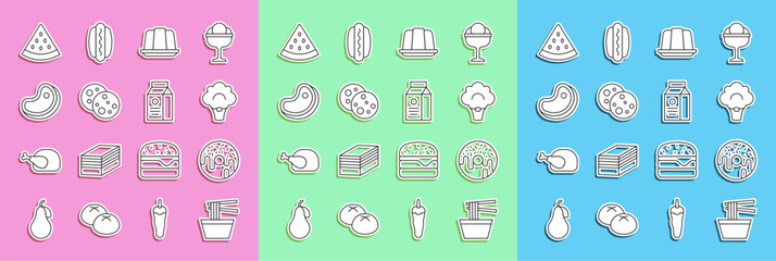 Set line Asian noodles in bowl, Donut, Broccoli, Jelly cake, Cookie with chocolate, Steak meat, Watermelon and aper package for milk icon. Vector