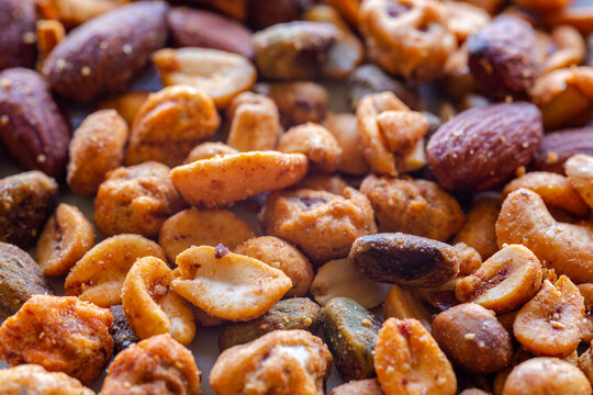 closeup of various roasted and spiced nuts
