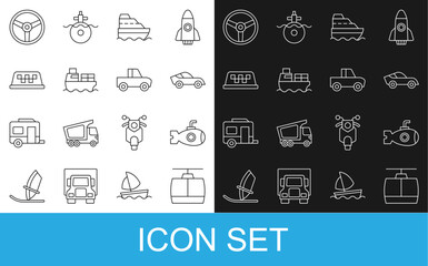 Set line Cable car, Submarine, Car, Cruise ship, Cargo with boxes delivery, Taxi roof, Steering wheel and Pickup truck icon. Vector