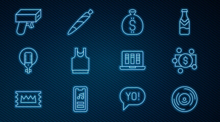 Fototapeta premium Set line Vinyl disk, Stacks paper money cash, Money bag, Undershirt, Microphone, gun, Sound or audio recorder and Marijuana joint, spliff icon. Vector