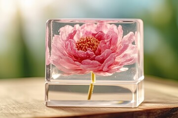 pink flower in a glass block on a wooden table Generative AI