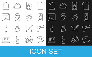 Set line Yo slang lettering, Pistol or gun, Music player, Wine glass, Drum machine music, Winter hat and King crown icon. Vector
