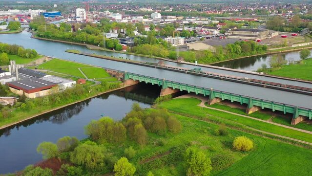 Aerial view of Minden Water Bridge over Weser River, Mittellandkanal, Minden, Germany. High quality 4k footage