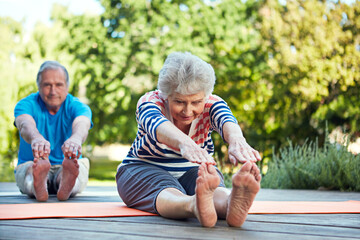 Nature, yoga stretching and senior couple start outdoor exercise, training workout or health...