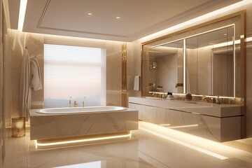 Fototapeta na wymiar Modern Bathroom with a Bathtub, Sink, and Mirror Generative AI