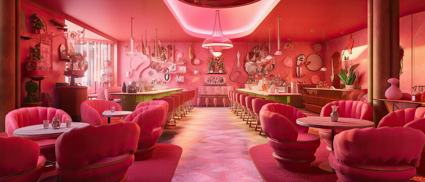 generative ai illustration of a kitschy pink cafe interior