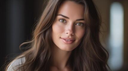 Fototapeta premium portrait of an attractive brunette woman with long hair, 30 years old, she is happy, looking straight to the camera, generative ai