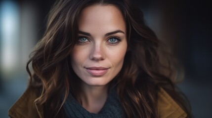 Fototapeta premium portrait of an attractive brunette woman with long hair, she is happy, looking straight to the camera, generative ai